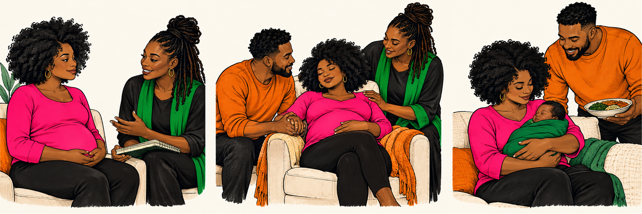 Illustration of a Black expectant mother talking with a doula